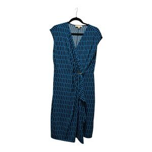 Michael Kors Blue Ribbed Sheath Dress V-neck Midi